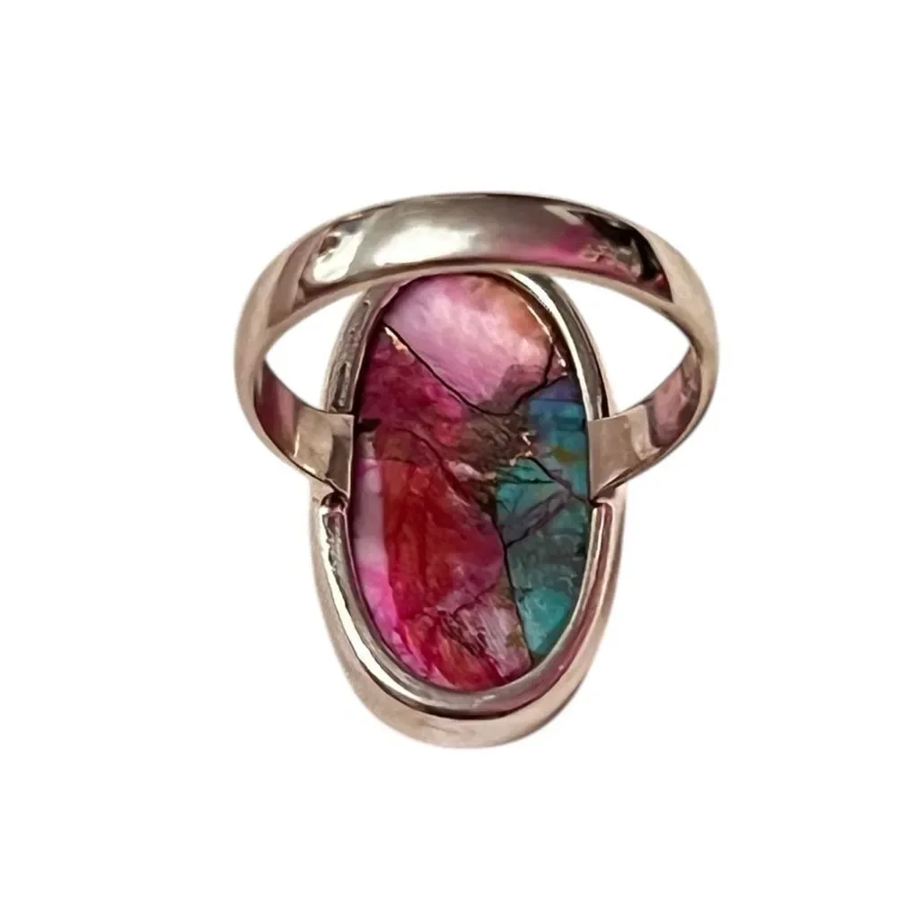 Oval Pink Dahlia Blue Turquoise Copper Sterling Silver Ring Size 7